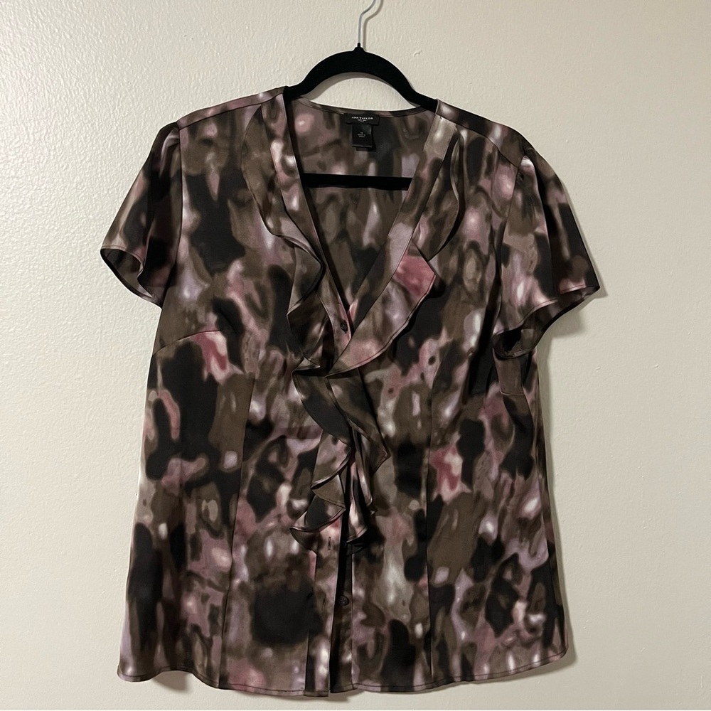 Ann Taylor Brown and Black button Blouse ruffles Plus Size 16 business casual - Picture 2 of 7